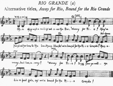 Trecho de uma das variações da canção entoada pelos marinheiros sobre o porto do Rio Grande. Fonte: HUGILL, 1994, p. 83.